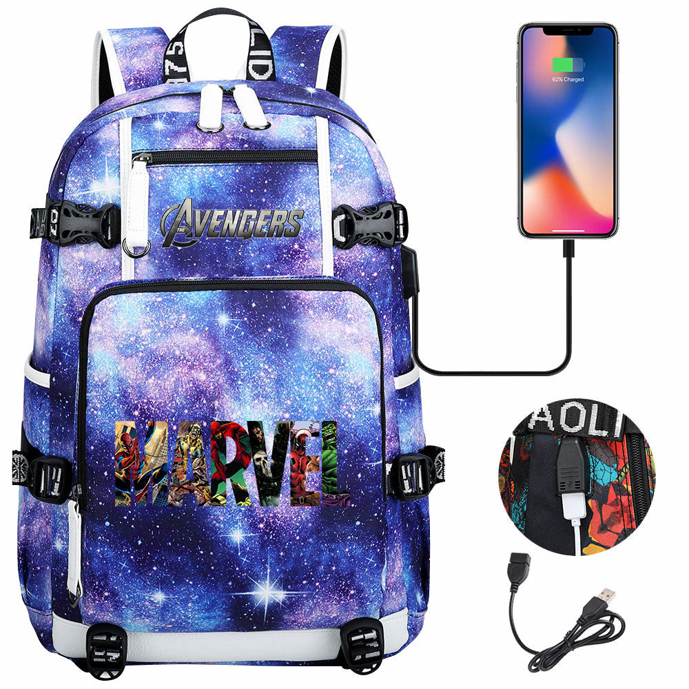 Avengers Superhero USB Charging Backpack School NoteBook Laptop Travel Bags