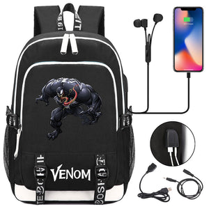 Venom Superhero USB Charging Backpack School Note Book Laptop Travel Bags