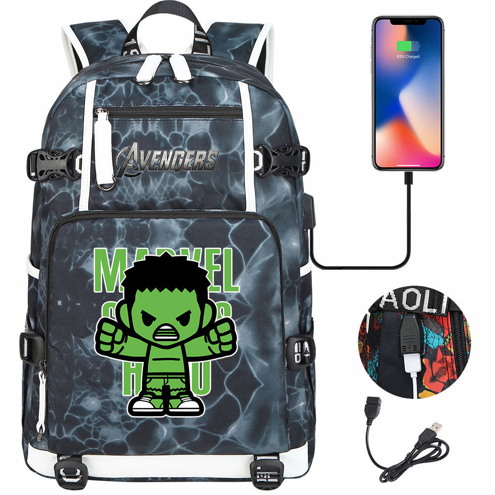 Avengers Superhero Iron Man Captain America Spiderman Hulk Thor Thanos USB Charging Backpack School NoteBook Laptop Travel Bags