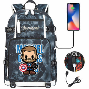 Avengers Superhero Iron Man Captain America Spiderman Hulk Thor Thanos USB Charging Backpack School NoteBook Laptop Travel Bags