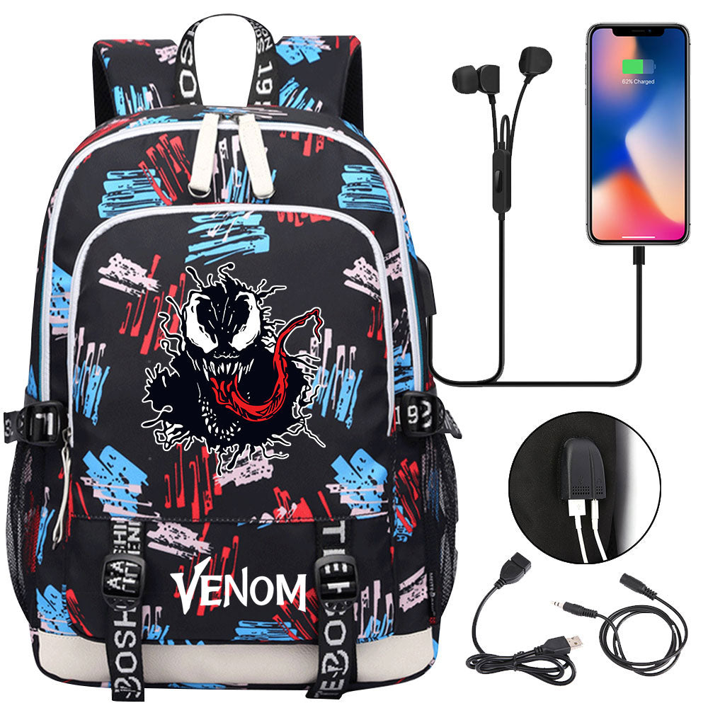Venom Superhero USB Charging Backpack School Note Book Laptop Travel Bags