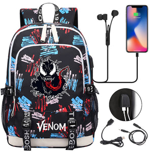 Venom Superhero USB Charging Backpack School Note Book Laptop Travel Bags