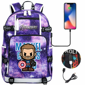 Avengers Superhero Iron Man Captain America Spiderman Hulk Thor Thanos USB Charging Backpack School NoteBook Laptop Travel Bags