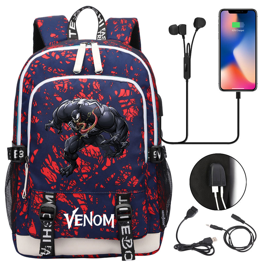 Venom Superhero USB Charging Backpack School Note Book Laptop Travel Bags