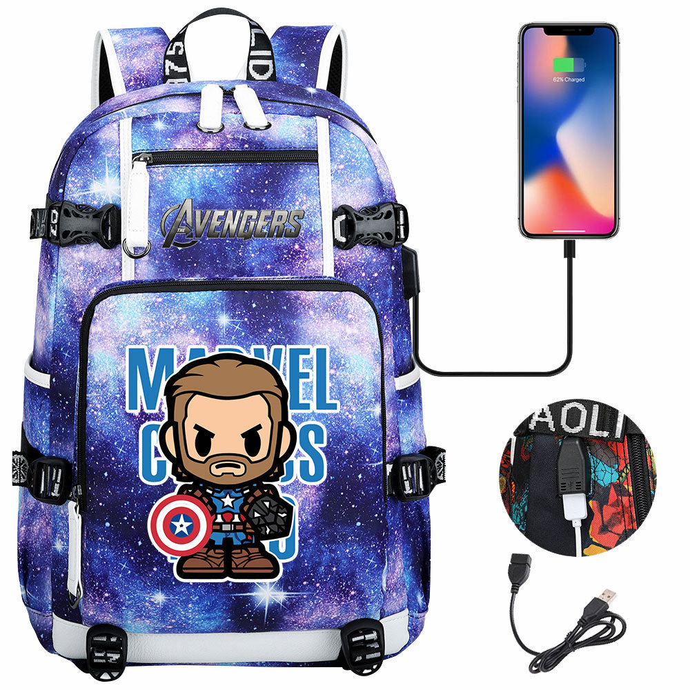 Avengers Superhero Iron Man Captain America Spiderman Hulk Thor Thanos USB Charging Backpack School NoteBook Laptop Travel Bags