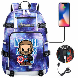 Avengers Superhero Iron Man Captain America Spiderman Hulk Thor Thanos USB Charging Backpack School NoteBook Laptop Travel Bags