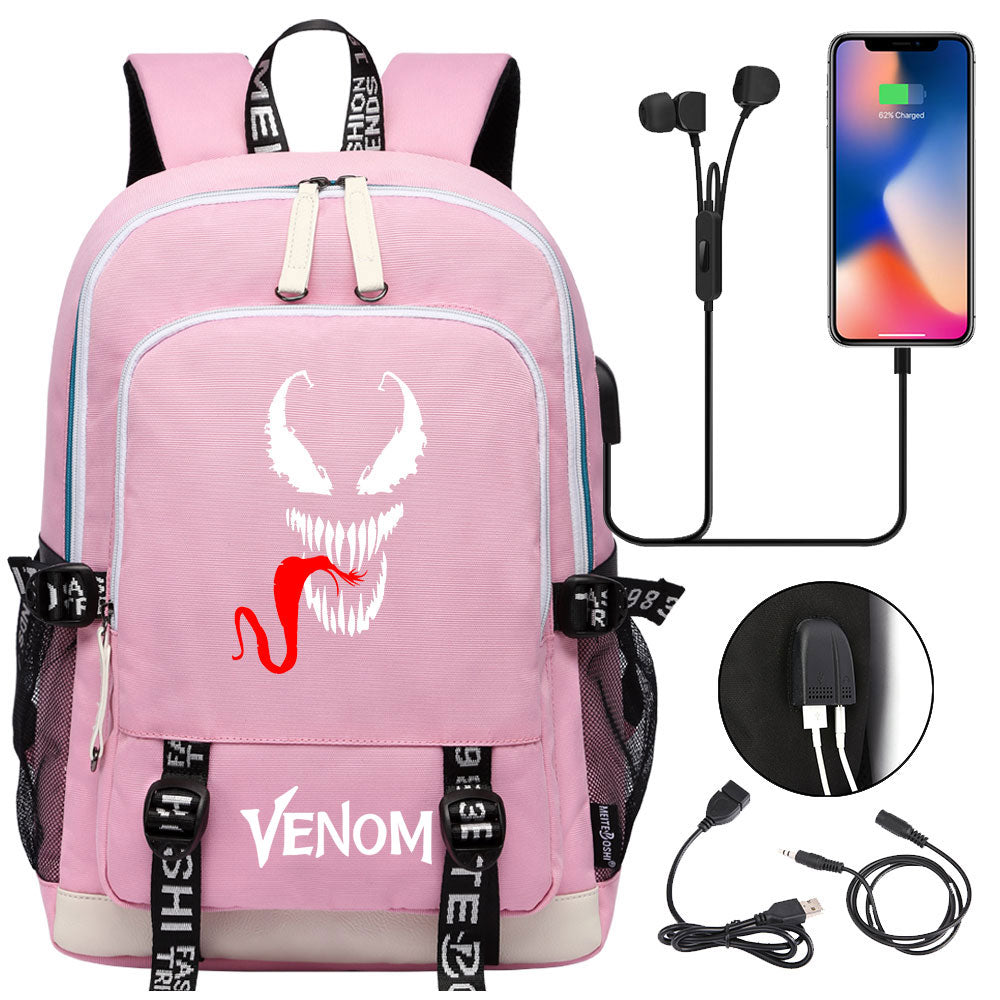 Venom Superhero USB Charging Backpack School Note Book Laptop Travel Bags