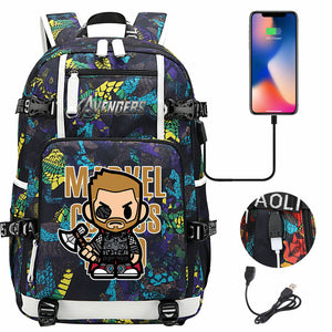 Avengers Superhero Iron Man Captain America Spiderman Hulk Thor Thanos USB Charging Backpack School NoteBook Laptop Travel Bags