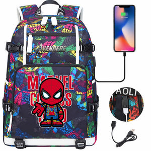 Avengers Superhero Iron Man Captain America Spiderman Hulk Thor Thanos USB Charging Backpack School NoteBook Laptop Travel Bags