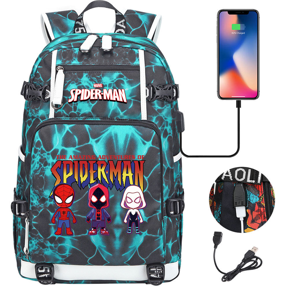 Spiderman Gwen Miles Morales  USB Charging Backpack School NoteBook Laptop Travel Bags