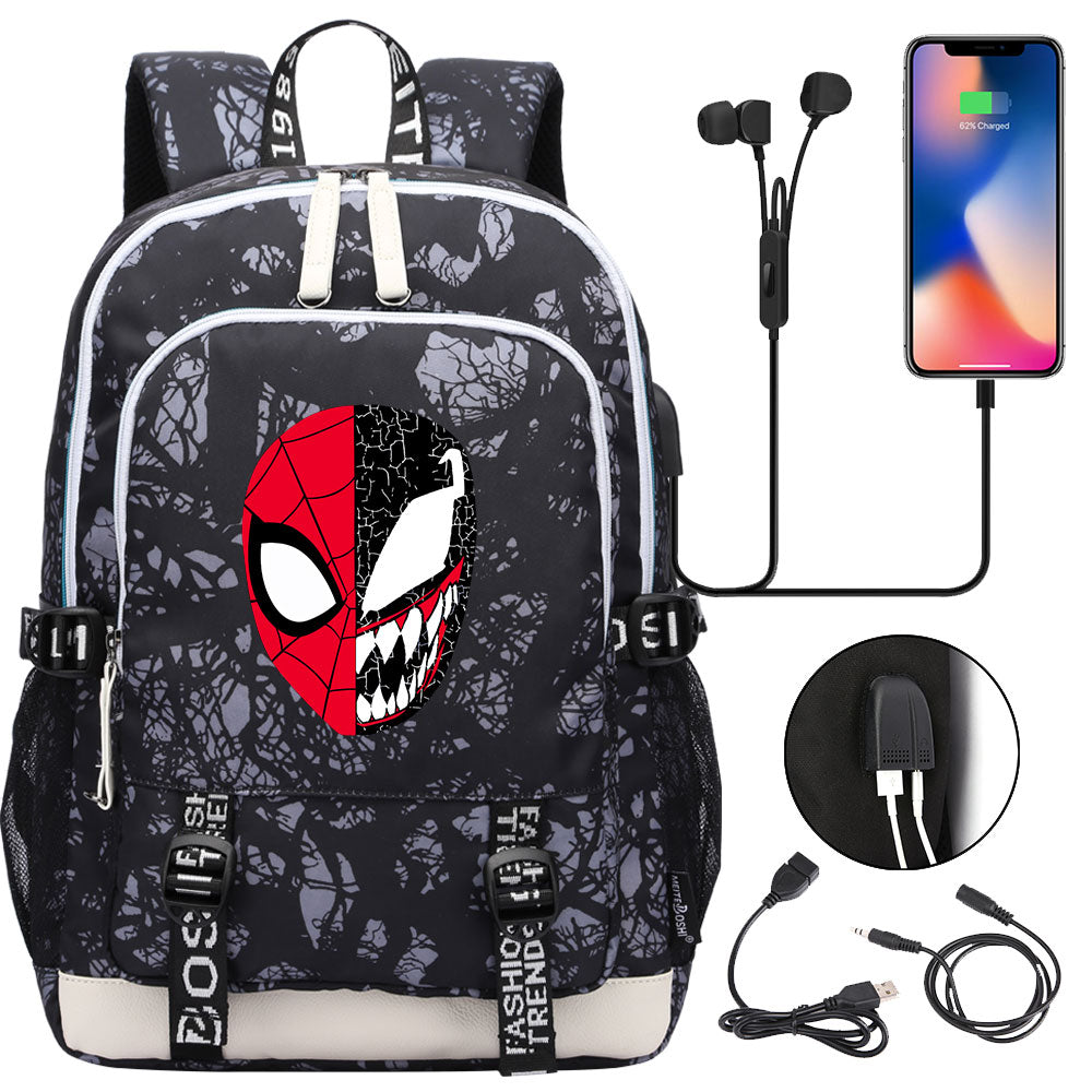 Spiderman Venom Superhero USB Charging Backpack School Note Book Laptop Travel Bags