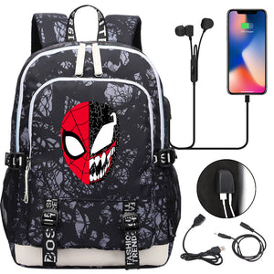 Spiderman Venom Superhero USB Charging Backpack School Note Book Laptop Travel Bags