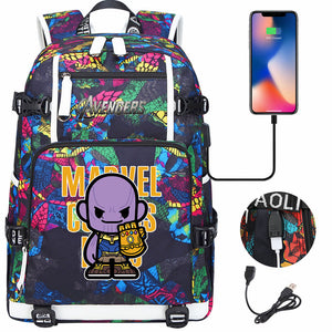 Avengers Superhero Iron Man Captain America Spiderman Hulk Thor Thanos USB Charging Backpack School NoteBook Laptop Travel Bags