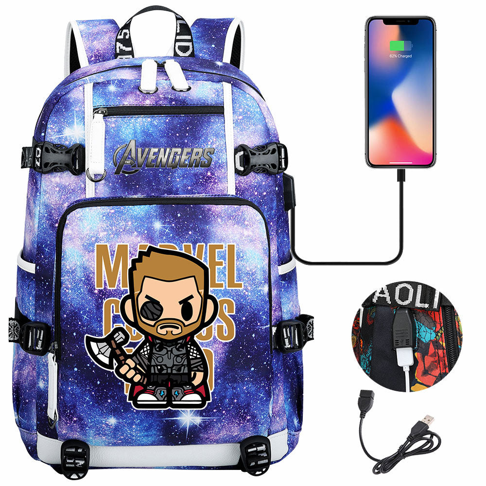 Avengers Superhero Iron Man Captain America Spiderman Hulk Thor Thanos USB Charging Backpack School NoteBook Laptop Travel Bags