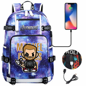 Avengers Superhero Iron Man Captain America Spiderman Hulk Thor Thanos USB Charging Backpack School NoteBook Laptop Travel Bags