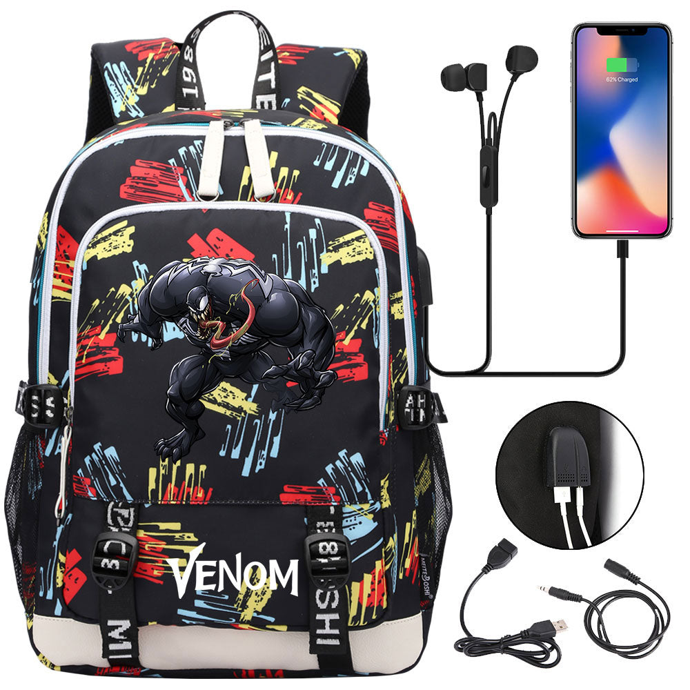 Venom Superhero USB Charging Backpack School Note Book Laptop Travel Bags