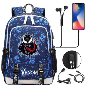 Venom Superhero USB Charging Backpack School Note Book Laptop Travel Bags