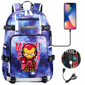 Avengers Superhero Iron Man Captain America Spiderman Hulk Thor Thanos USB Charging Backpack School NoteBook Laptop Travel Bags