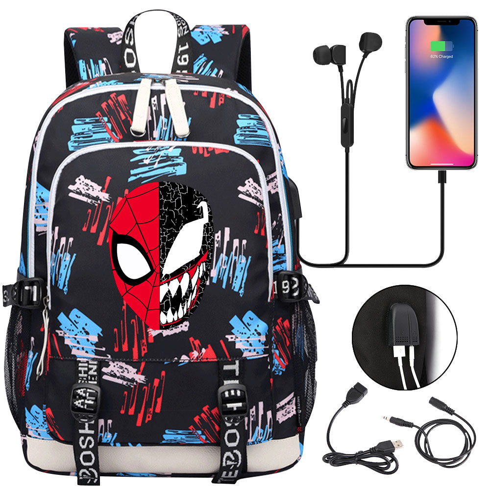 Spiderman Venom Superhero USB Charging Backpack School Note Book Laptop Travel Bags