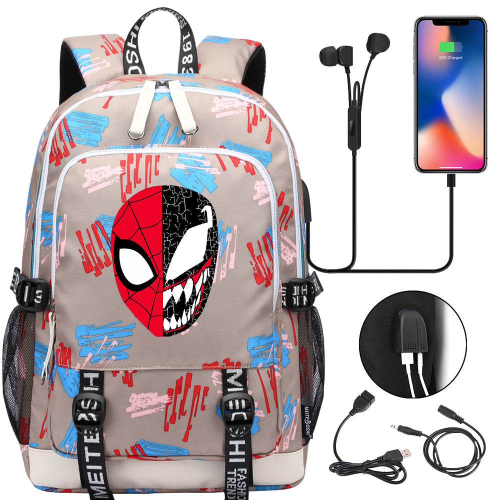 Spiderman Venom Superhero USB Charging Backpack School Note Book Laptop Travel Bags