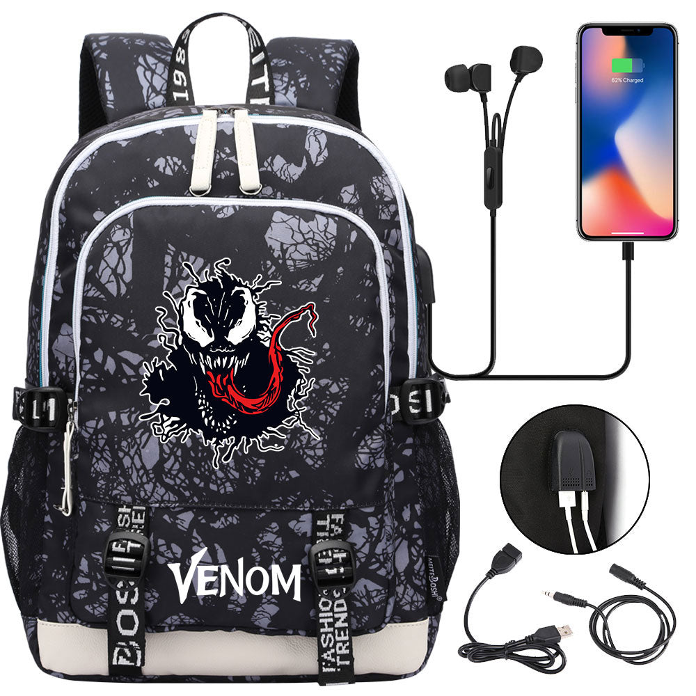 Venom Superhero USB Charging Backpack School Note Book Laptop Travel Bags