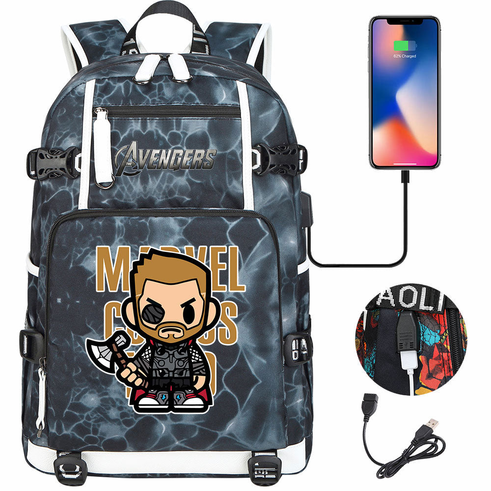 Avengers Superhero Iron Man Captain America Spiderman Hulk Thor Thanos USB Charging Backpack School NoteBook Laptop Travel Bags