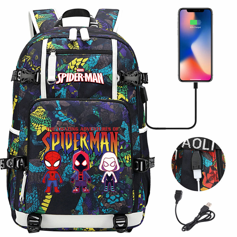 Spiderman Gwen Miles Morales  USB Charging Backpack School NoteBook Laptop Travel Bags