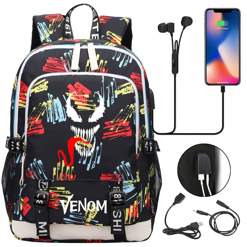 Venom Superhero USB Charging Backpack School Note Book Laptop Travel Bags