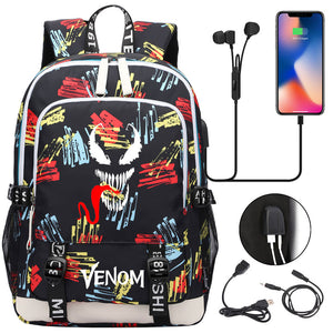 Venom Superhero USB Charging Backpack School Note Book Laptop Travel Bags