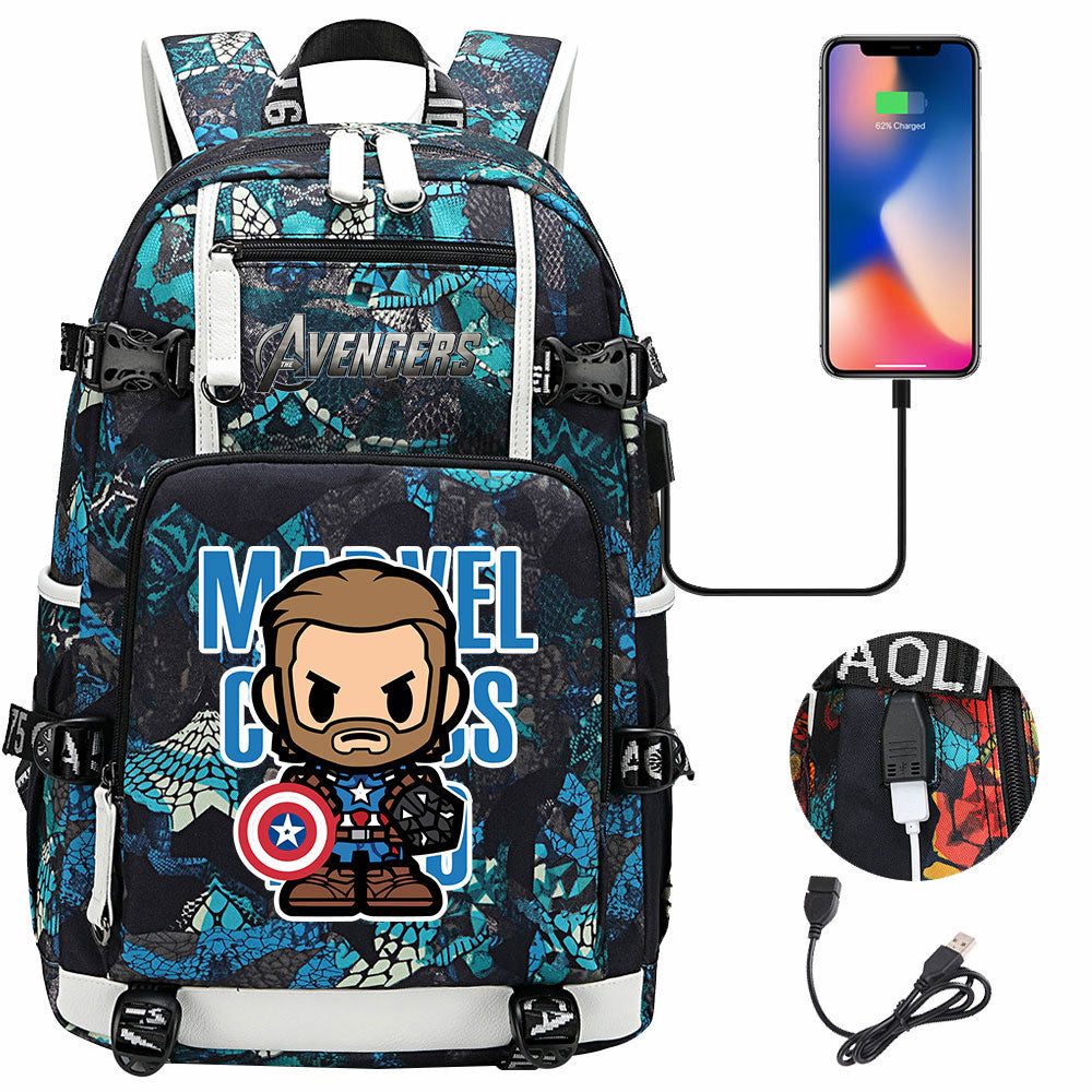 Avengers Superhero Iron Man Captain America Spiderman Hulk Thor Thanos USB Charging Backpack School NoteBook Laptop Travel Bags