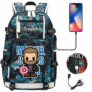 Avengers Superhero Iron Man Captain America Spiderman Hulk Thor Thanos USB Charging Backpack School NoteBook Laptop Travel Bags