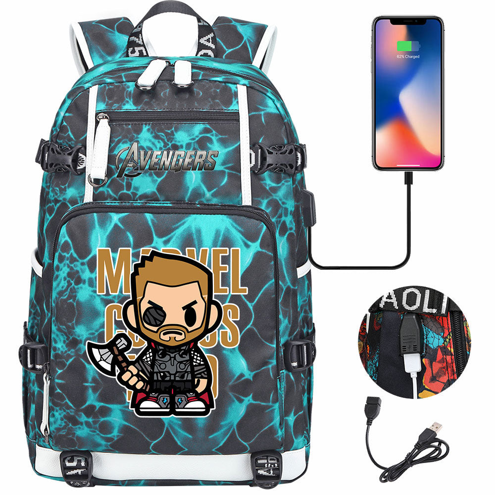 Avengers Superhero Iron Man Captain America Spiderman Hulk Thor Thanos USB Charging Backpack School NoteBook Laptop Travel Bags