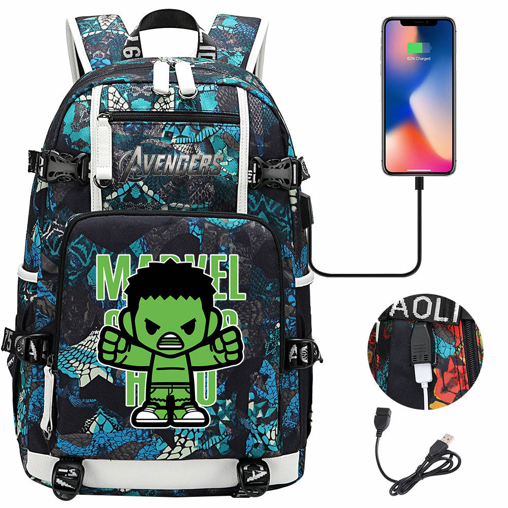 Avengers Superhero Iron Man Captain America Spiderman Hulk Thor Thanos USB Charging Backpack School NoteBook Laptop Travel Bags