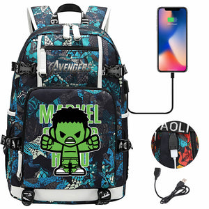 Avengers Superhero Iron Man Captain America Spiderman Hulk Thor Thanos USB Charging Backpack School NoteBook Laptop Travel Bags