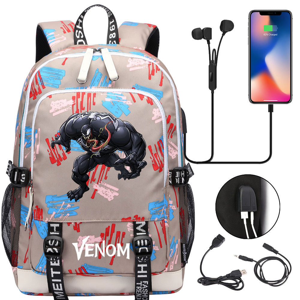 Venom Superhero USB Charging Backpack School Note Book Laptop Travel Bags
