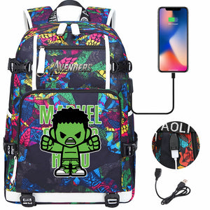 Avengers Superhero Iron Man Captain America Spiderman Hulk Thor Thanos USB Charging Backpack School NoteBook Laptop Travel Bags