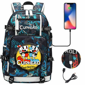 Cuphead USB Charging Backpack School NoteBook Laptop Travel Bags
