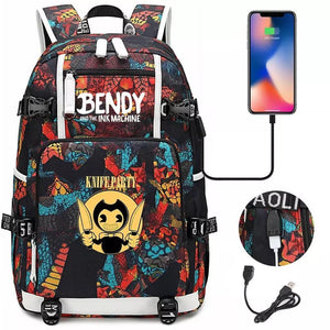 Bendy Knife Party #10 USB Charging Backpack School NoteBook Laptop Travel Bags
