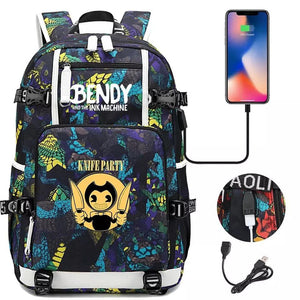 Bendy Knife Party #10 USB Charging Backpack School NoteBook Laptop Travel Bags