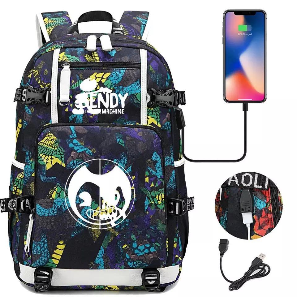 Bendy and Ink Machine USB Charging Backpack School NoteBook Laptop Travel Bags