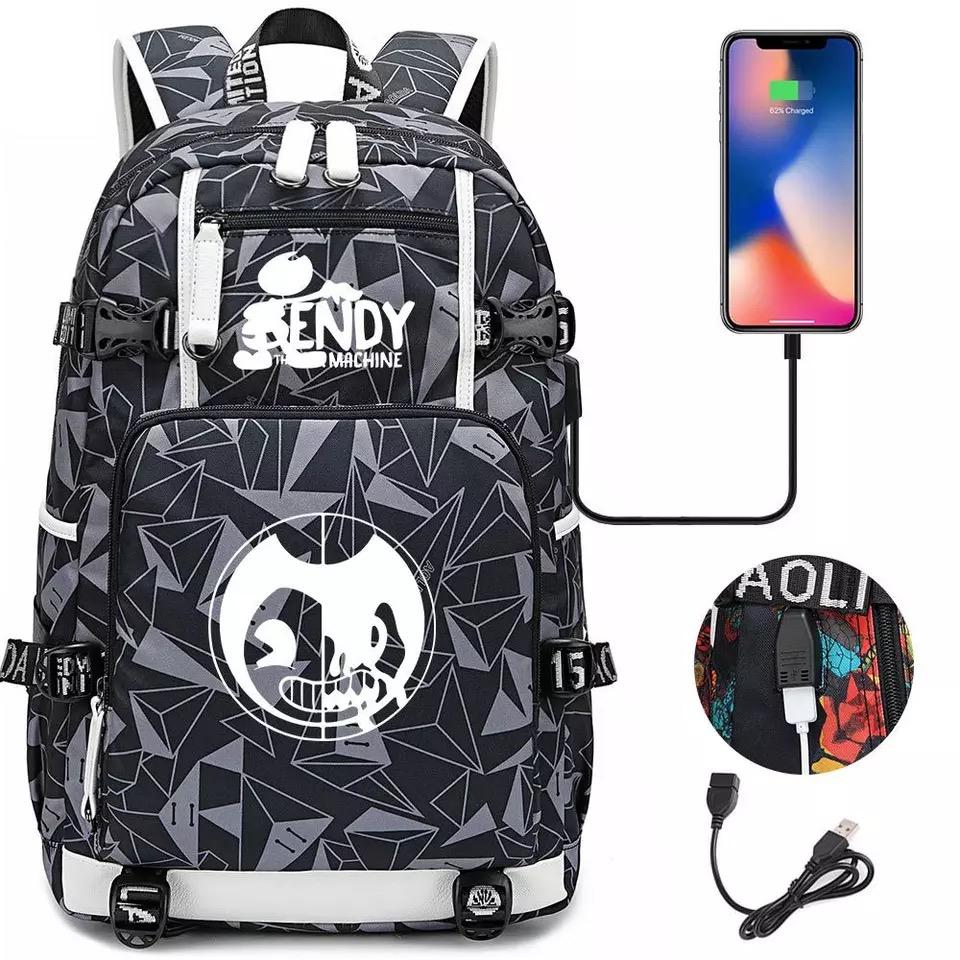 Bendy and Ink Machine USB Charging Backpack School NoteBook Laptop Travel Bags