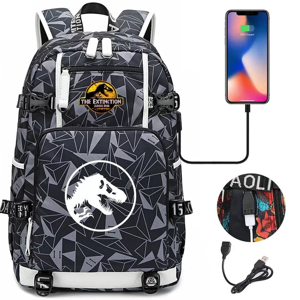 The Extinction Jurassic Park USB Charging Backpack School NoteBook Laptop Travel Bags