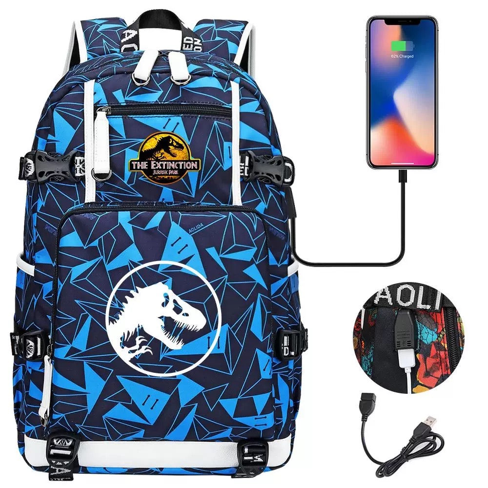 The Extinction Jurassic Park USB Charging Backpack School NoteBook Laptop Travel Bags