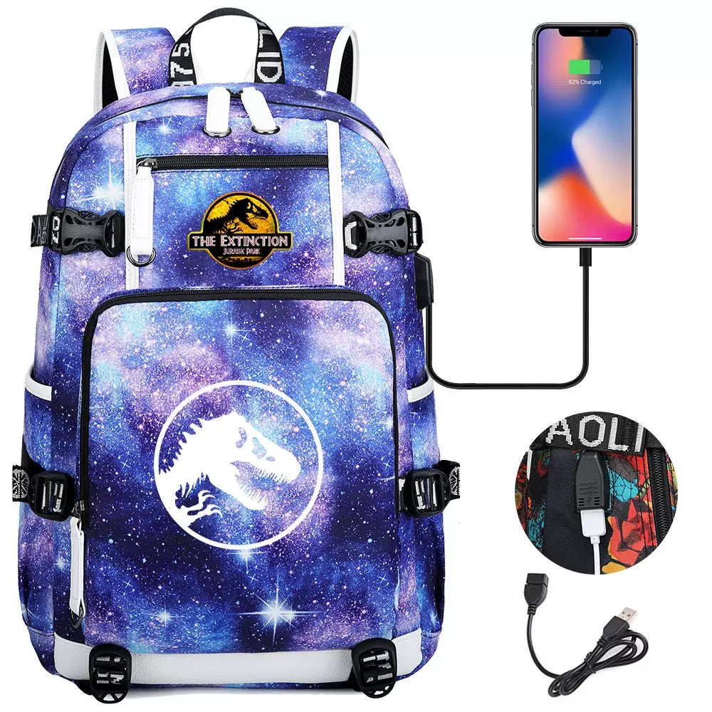 The Extinction Jurassic Park USB Charging Backpack School NoteBook Laptop Travel Bags