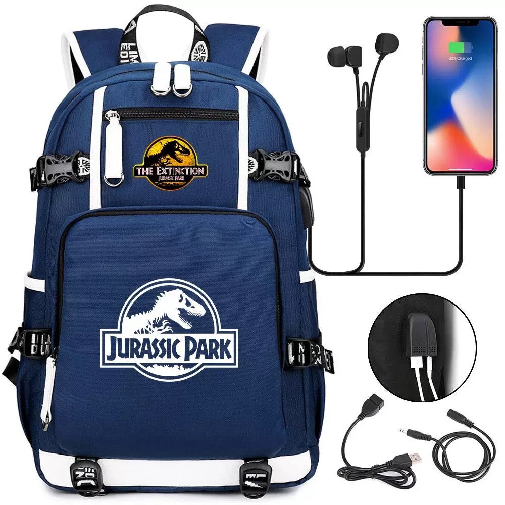 The Extinction Jurassic Park USB Charging Backpack School NoteBook Laptop Travel Bags