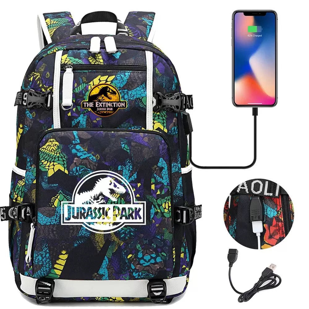 The Extinction Jurassic Park USB Charging Backpack School NoteBook Laptop Travel Bags