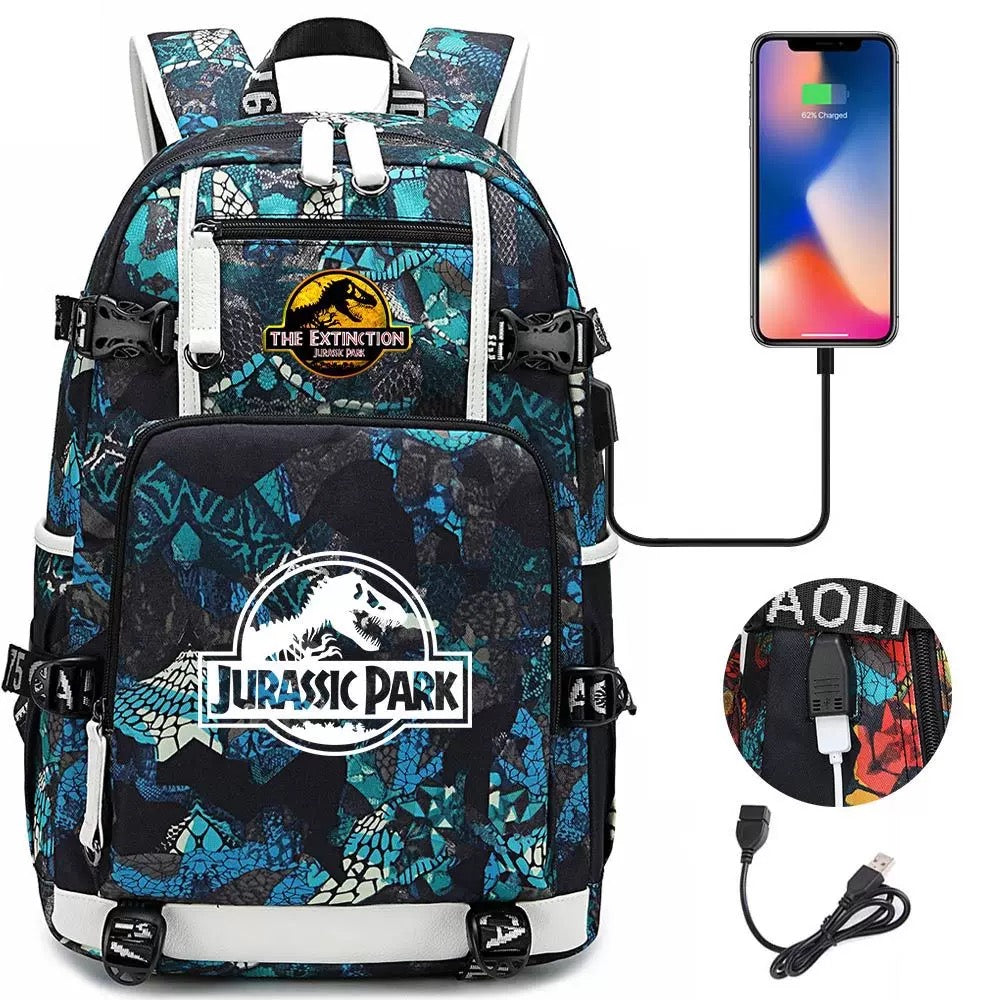 The Extinction Jurassic Park USB Charging Backpack School NoteBook Laptop Travel Bags