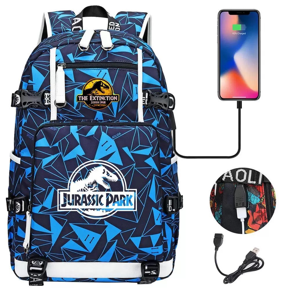 The Extinction Jurassic Park USB Charging Backpack School NoteBook Laptop Travel Bags