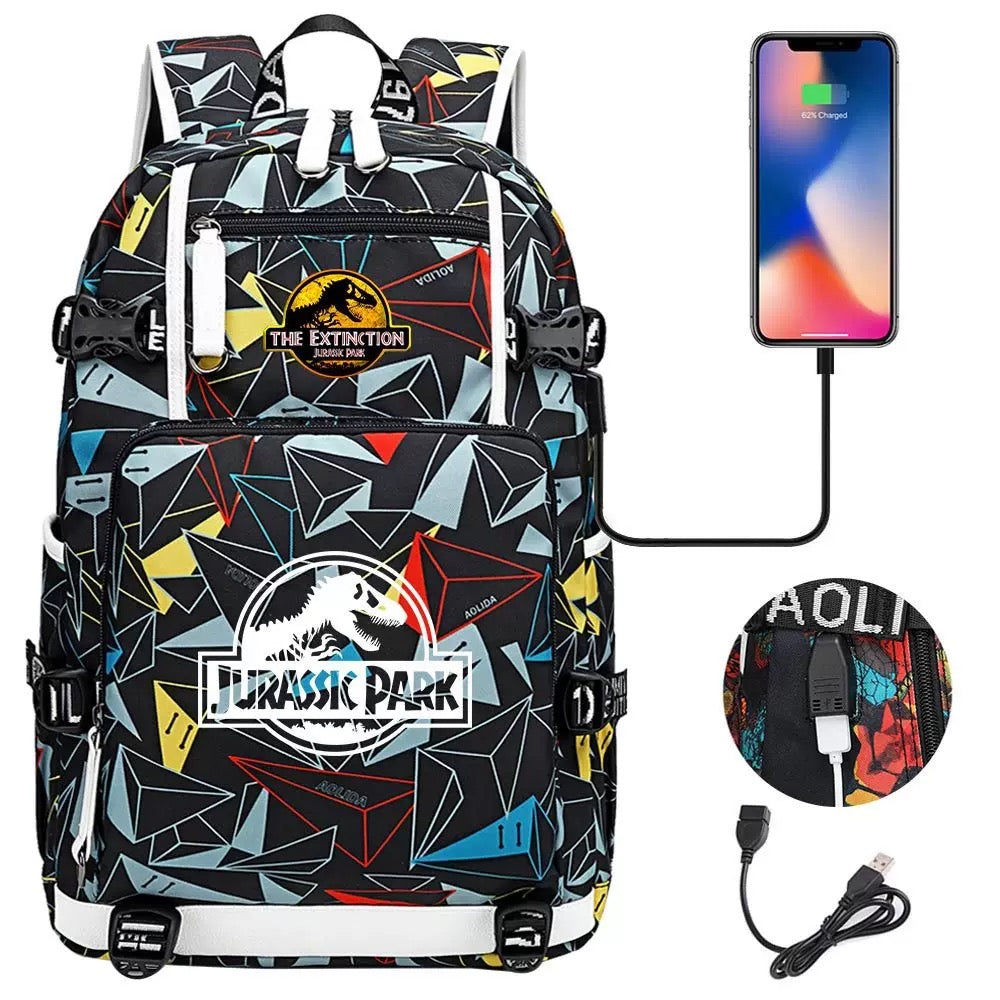 The Extinction Jurassic Park USB Charging Backpack School NoteBook Laptop Travel Bags