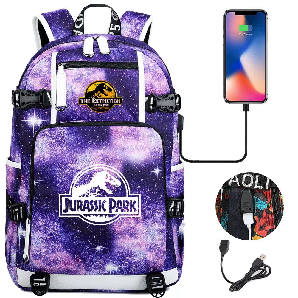 The Extinction Jurassic Park USB Charging Backpack School NoteBook Laptop Travel Bags